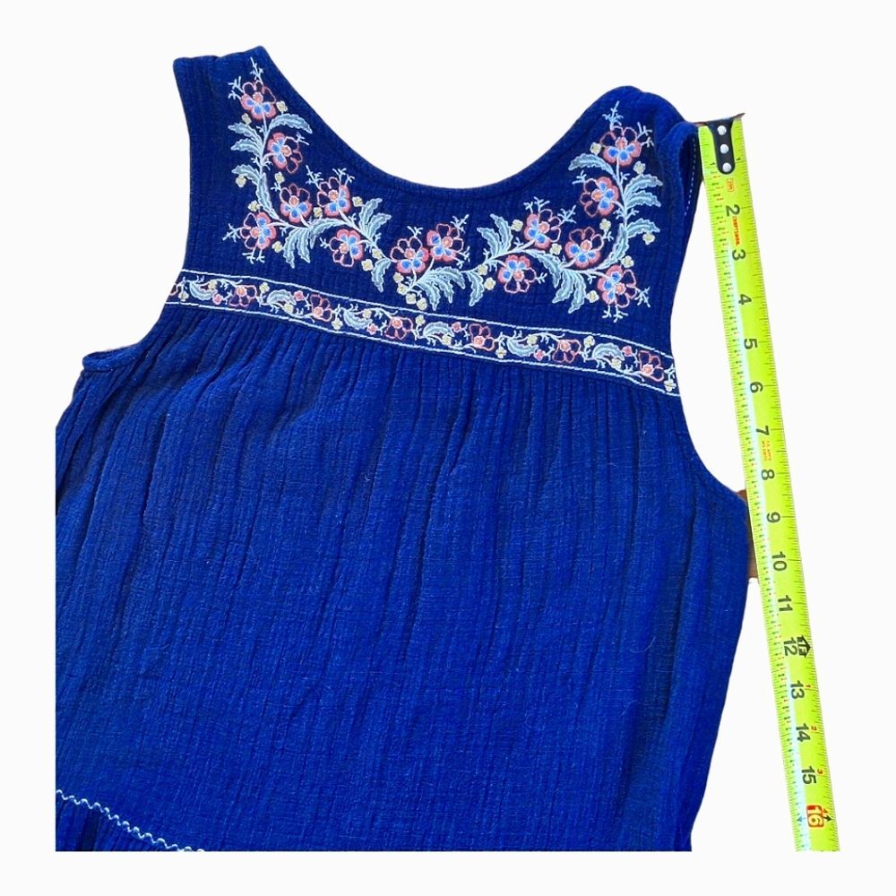 Max Studio Embroidered Sleeveless Dress Pockets Tiered Cotton Gauze XS Navy Blue - Picture 10 of 16